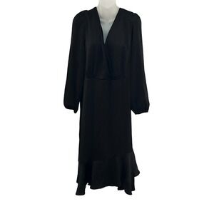 Lucky Brand Black Wrap‎ Midi Dress Ruffle Hem Long Sleeve Women's XL